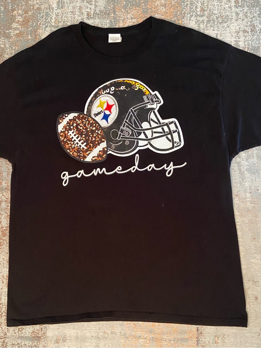 Black Pittsburgh Steelers Short Sleeve Tee with sequin football graphic